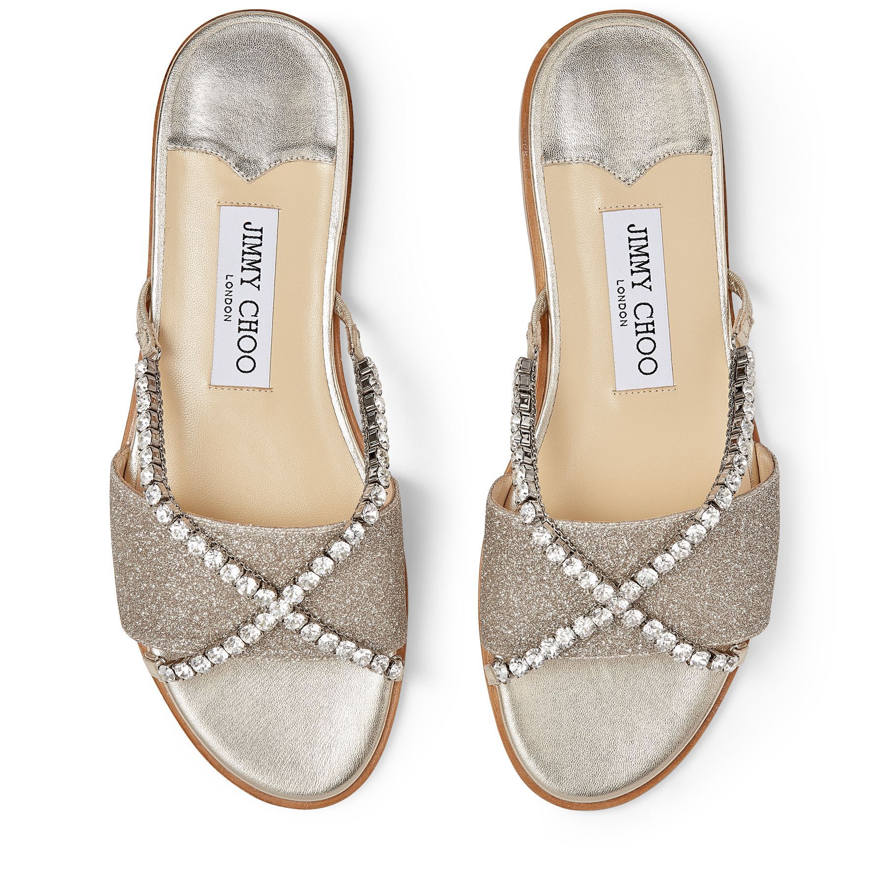 ジミー チュウ JIMMY CHOO レディースクリスタルチェーン付きプラチナアイスダスティグリッターフラットAADI FLAT BBG PLATINUM