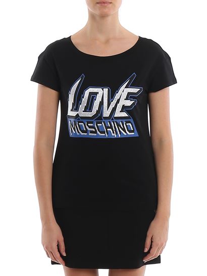 ラブ モスキーノ LOVE MOSCHINO レディースラインストーン装飾ロゴ ネックコットンTシャツ W4F301P 3876 C74