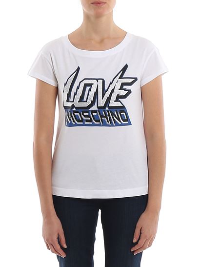 ラブ モスキーノ LOVE MOSCHINO レディースラインストーン装飾ロゴ ネックコットンTシャツ W4F301P 3876 A00