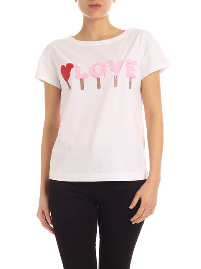 ラブ モスキーノ LOVE MOSCHINO レディース LOVEプリントストレッチコットンクルーネックTシャツ W4F301U 1698 A00