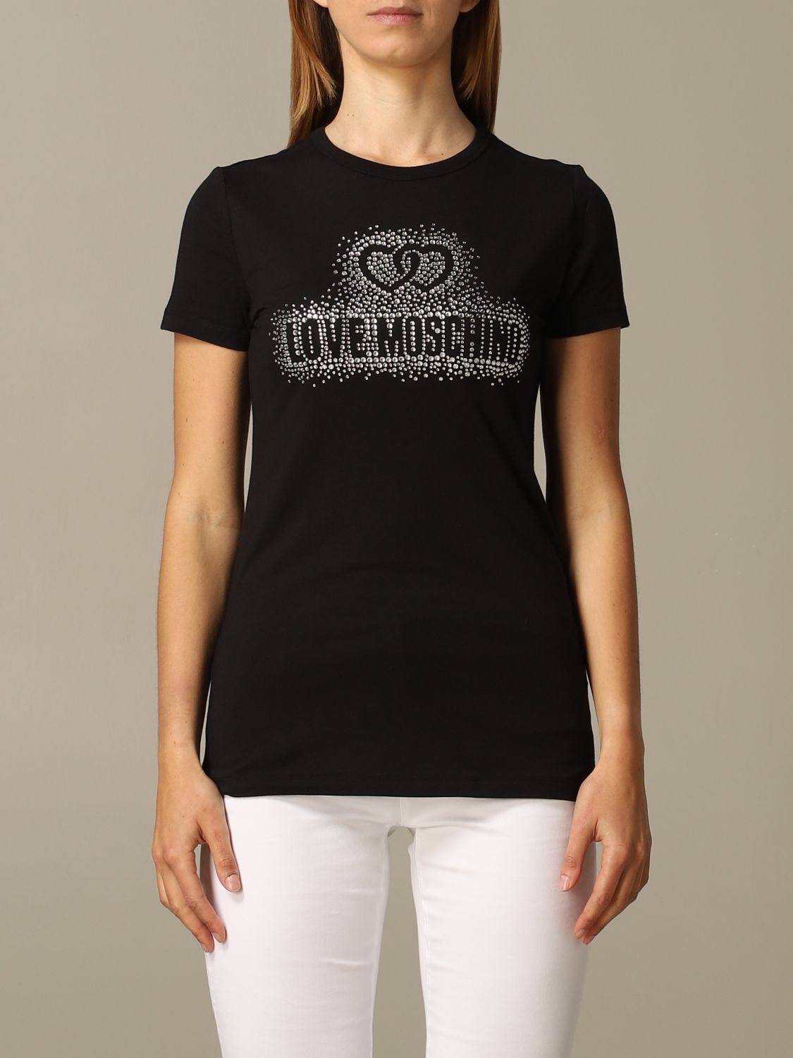 ラブ モスキーノ LOVE MOSCHINO レディースラインストーン装飾ロゴ ネックコットンTシャツ W4F7360 1698 C74