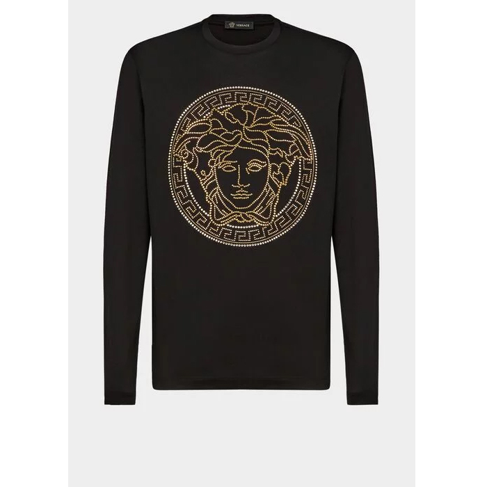 ヴェルサーチ VERSACE ブラックコットンビーズスタッドメデューサパターンメンズ長袖Tシャツ A77990 A201952 A008 Black