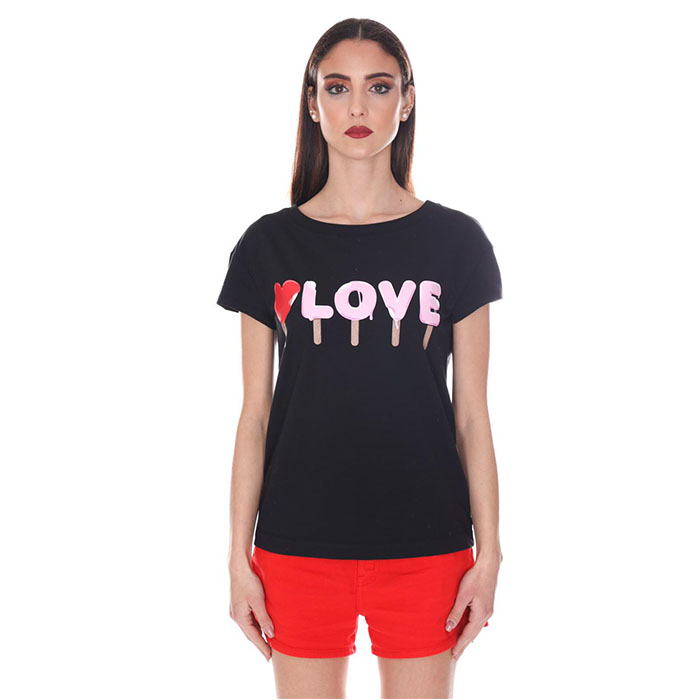 ラブ モスキーノ LOVE MOSCHINO レディース LOVEプリントストレッチコットンクルーネックTシャツ W4F301U 1698 C74