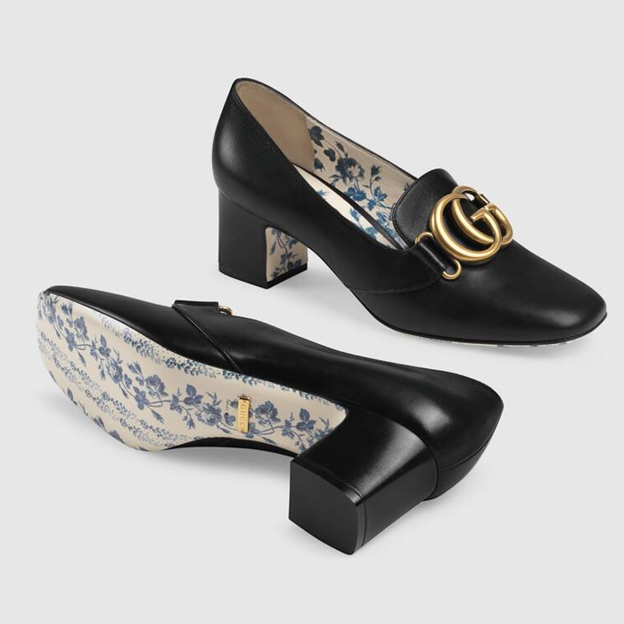 GUCCI LADY SHOES グッチレディースシューズ 525333 C9D00 1000 Leather Mid-heel Pump with Double G