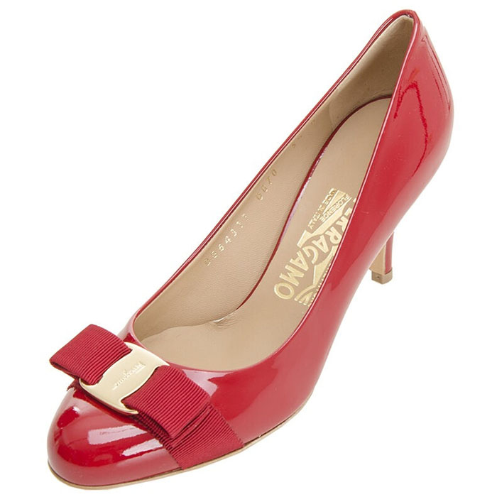 フェラガモ FERRAGAMO レディース カウパテントレザー バラリボン ラウンドトゥ ハイヒール 0584309 PATENT-CALF ROSO