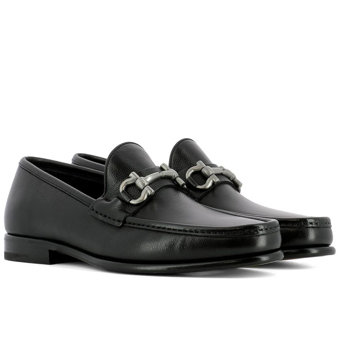 FERRAGAMO MEN SHOES 0617502 PEBBLE-CALF NERO Leather Loafers