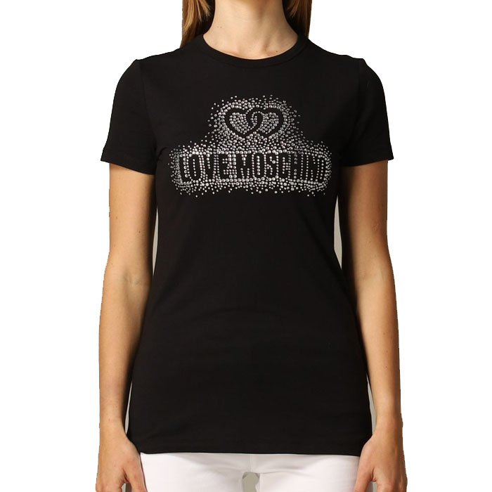 ラブ モスキーノ LOVE MOSCHINO レディースラインストーン装飾ロゴ ネックコットンTシャツ W4F7360 1698 C74