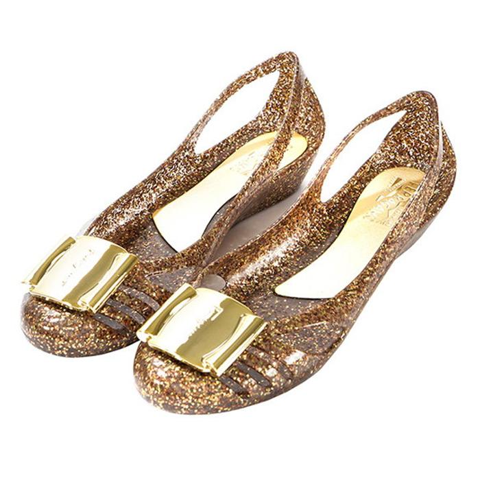 FERRAGAMO LADY SHOES 0716456 MISC ORO Bermuda Glittered Pvc Flats Gold Women