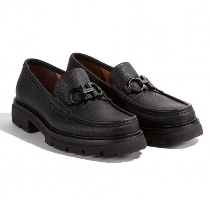 FERRAGAMO MEN SHOES 0709221 CALF NERO Black leather loafers