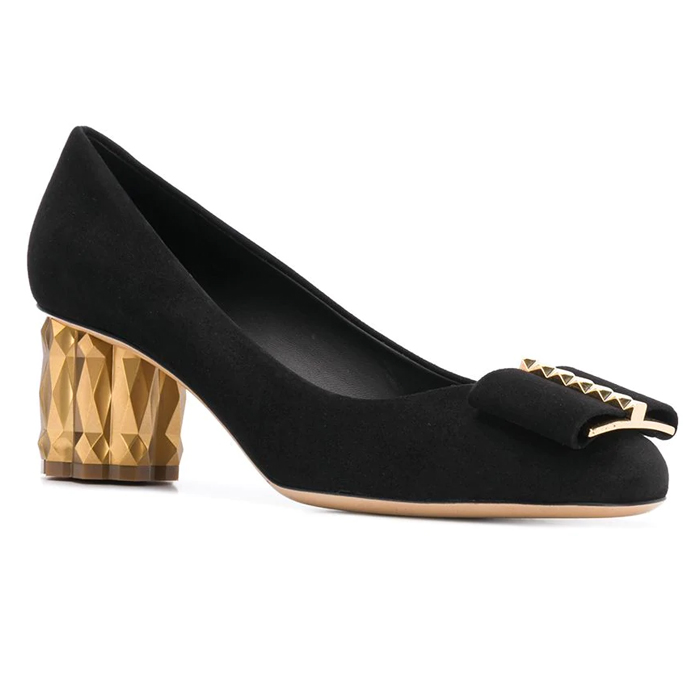 FERRAGAMO LADY SHOES 0715154 SU-K NERO Women's Capua Suede Block-Heel Pumps in Black