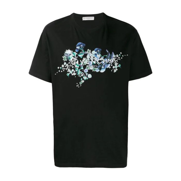 ジバンシィ GIVENCHY メンズ ブラック 花柄ロゴプリントコットンTシャツ BM70VD3002 001