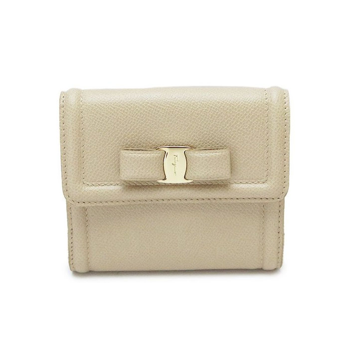 FERRAGAMO WALLET フェラガモウォレット 22-C911 PEBBLE CALF MACADAMIA 'VARA' LEATHER WALLET