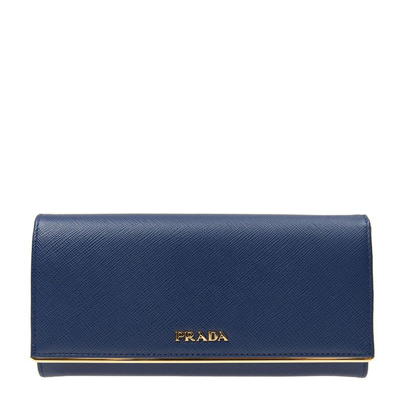 プラダ PRADA レディース 長財布 サフィアーノ レザー フラップ ウォレット メタルバー ディテール 1MH132 QME BLUETTE F0016