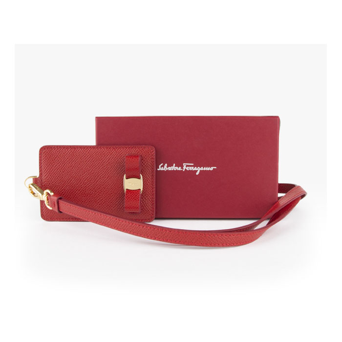 FERRAGAMO WALLET フェラガモウォレット 22-D656 CALF LIPSTICK Card Case Neck strap Vara Ribbon