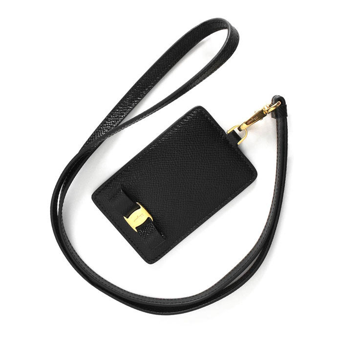 FERRAGAMO WALLET フェラガモウォレット 22-D656 PEBBLE CALF NERO Card Case Neck strap Vara Ribbon