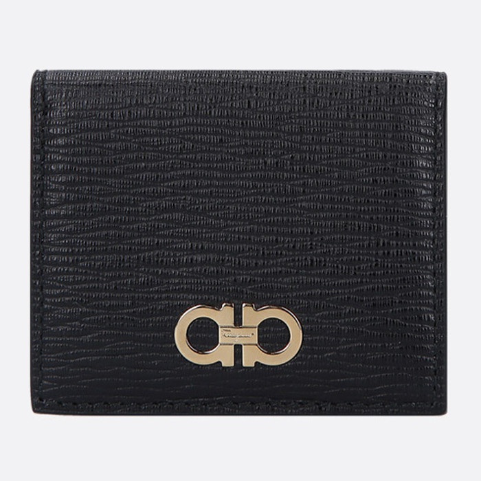 FERRAGAMO WALLET フェラガモウォレット66-A137 P-C NERO GANCINI COIN PURSE IN TEXTURED LEATHER