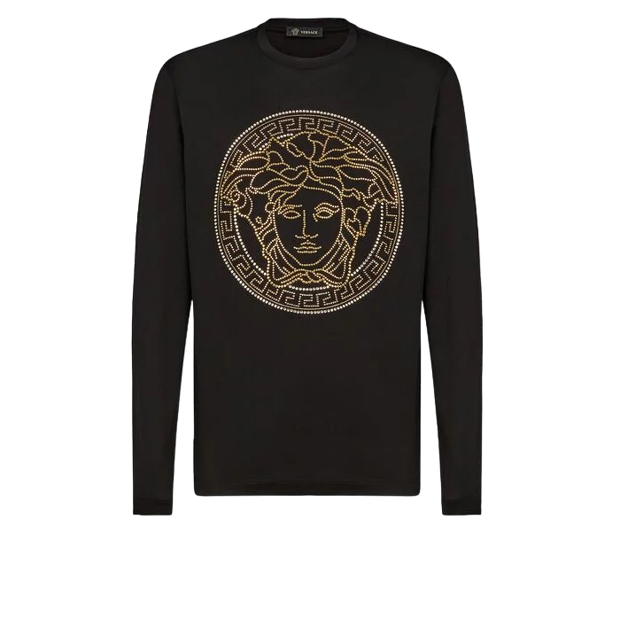 ヴェルサーチ VERSACE メンズブラックコットンビーズスタッドメデューサパターン長袖Tシャツ A77990 A201952 A008 Black