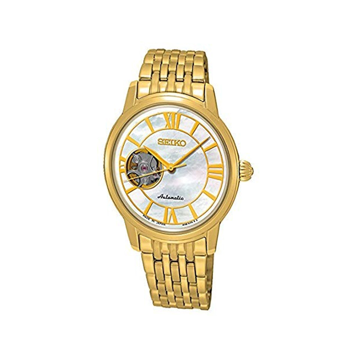 Seiko Automatic Semi Skeleton White Pearl Dial Gold Stainless Steel SSA850J1