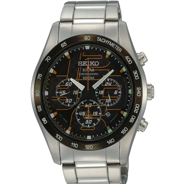 Seiko Men's Solar Black Dial Chronograph Stainless Steel Bracelet Watch SSC067P1