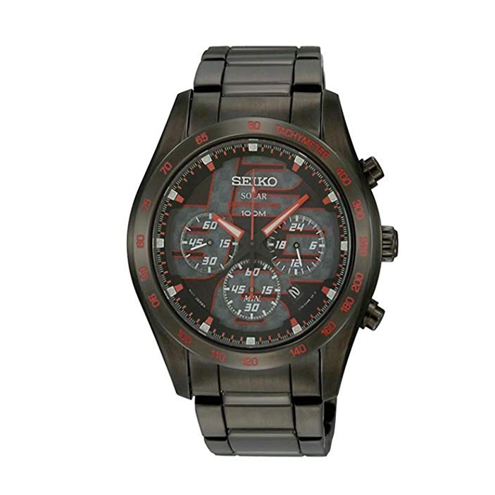 Seiko Men's Criteria Solar Grey Dial Black IP Steel Bracelet Chronograph Watch SSC071P1