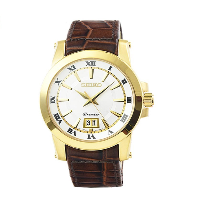 Seiko Premier Sapphire Gold Tone Leather Strap Mens Watch SUR018P1