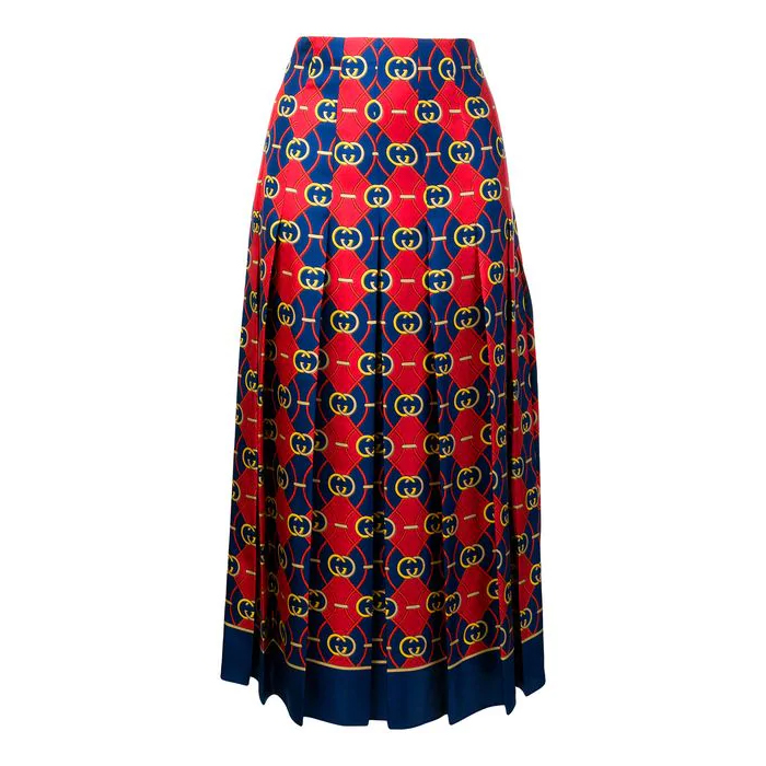 GUCCI Pleated Printed Silk Crepe De Chine Midi Skirt in Red 409370 ABR4 4110