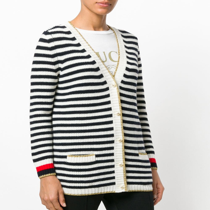 Gucci Striped Wool Blend Ladies White Black Knit Cardigan 478216 X9M76 4367