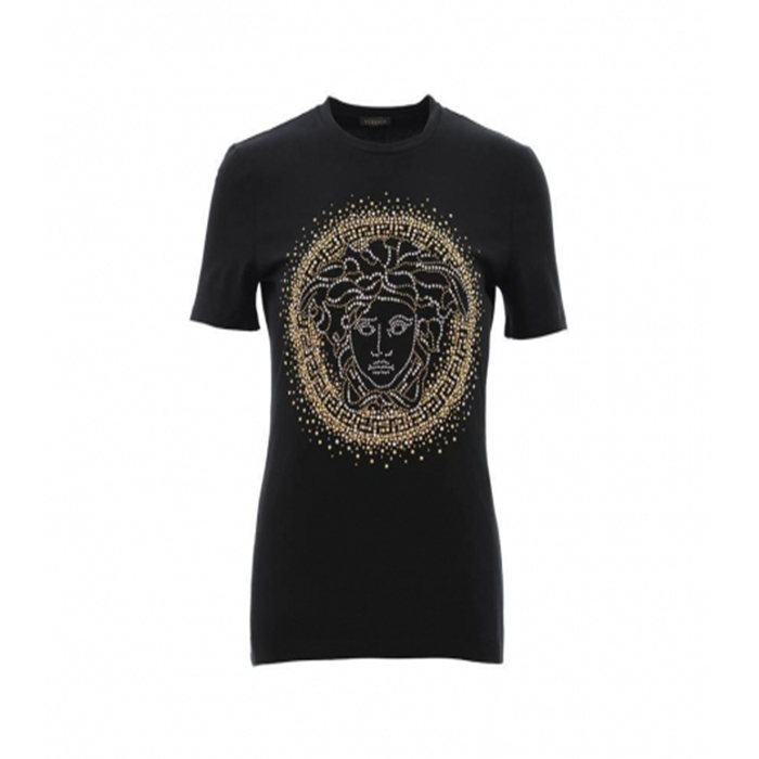 ヴェルサーチ VERSACE 女性メデューサヘッドビーズリムフィットラウンドネック半袖Tシャツ  A82241 2123 1008