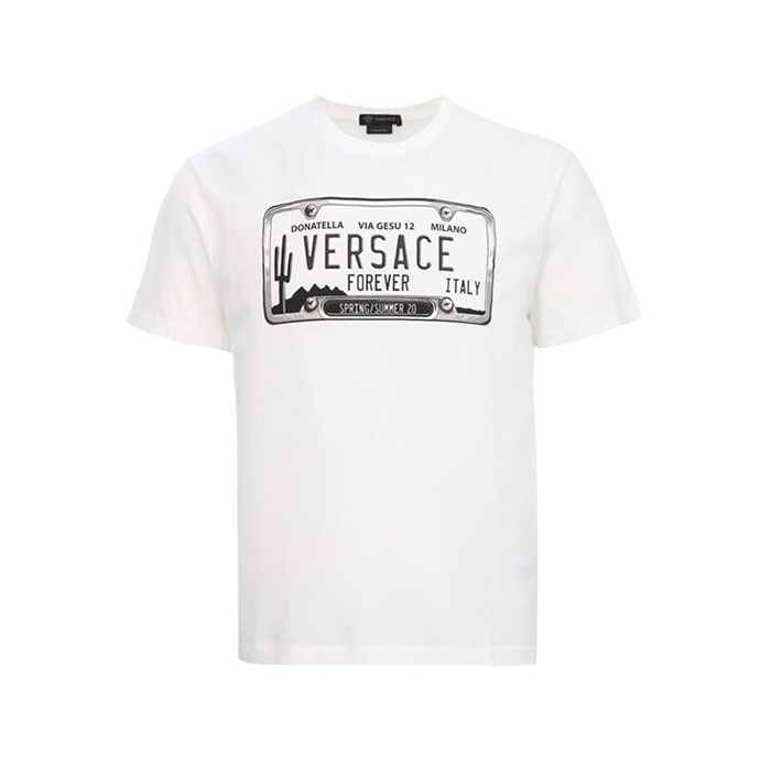 ヴェルサーチ VERSACE  メンズプリントクリームクルーネックTシャツ  A86002 8806 1002