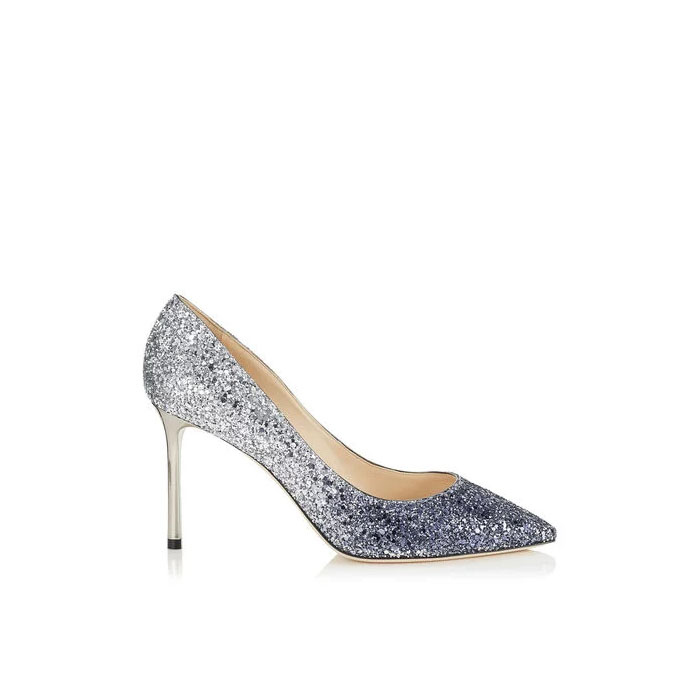 ROMY 85 Navy and Silver Coarse Glitter Degrade Pointy Toe Pumps