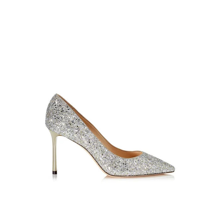 Jimmy Choo ROMY 85 Champagne Coarse Glitter Fabric Pointy Toe Pumps