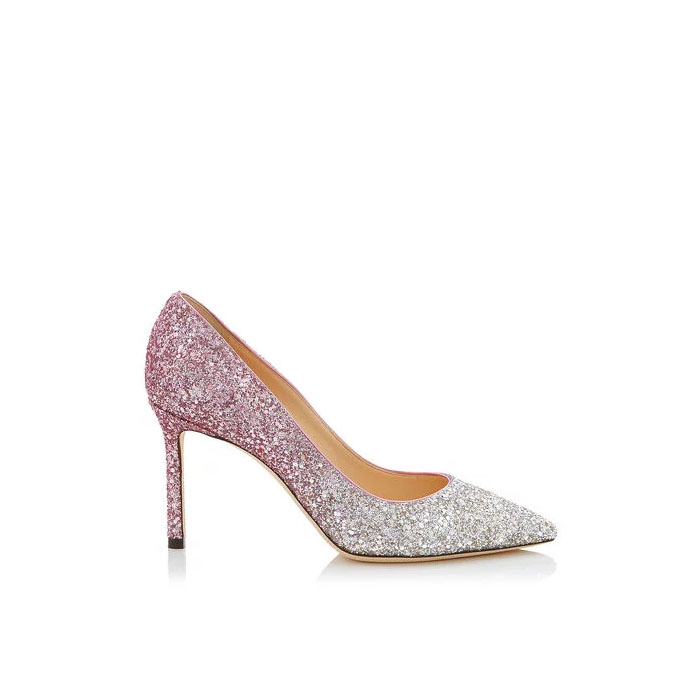 ROMY 85 Platinum and Flamingo Ice Glitter D?grad? Fabric Pointy Toe Pumps