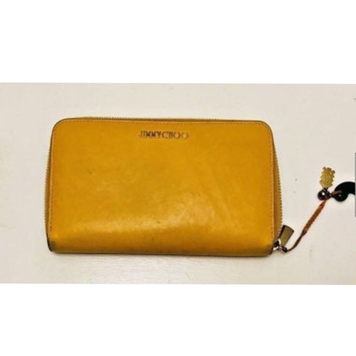 JIMMY CHOO MUSTARD YELLOW CALF LEATHER PIPPA ZIP AROUND WALLET RARE