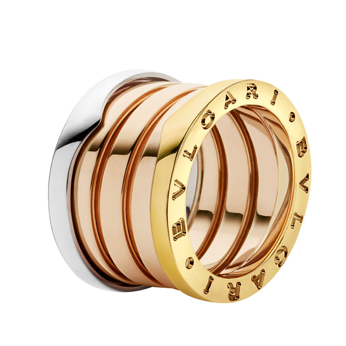 B.zero1 four-band ring in 18 kt rose, white and yellow gold AN857650